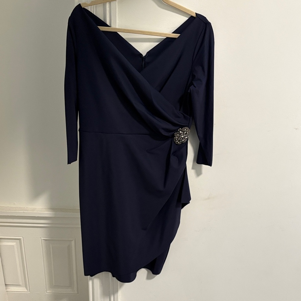 Alex Evenings Navy Long Sleeve Draped V-Neck Cocktail Dress with Jewel Accent